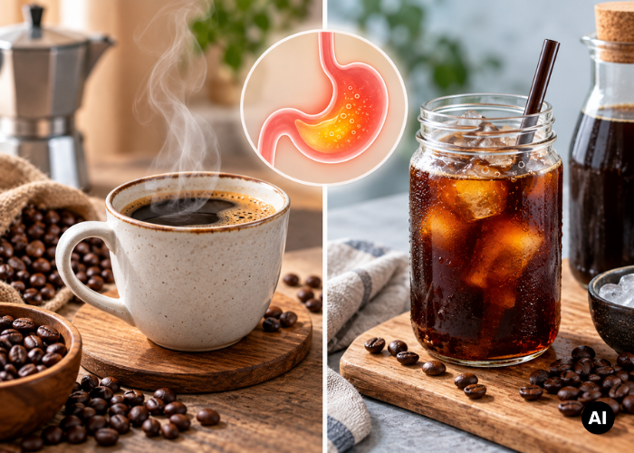Forró feketekávé és jeges cold brew, a gyomor illusztrációjával