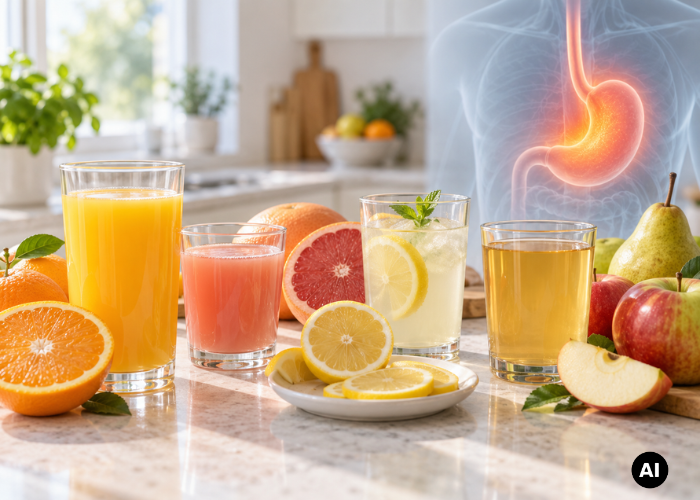 Citrusos és más gyümölcslevek a refluxos italválasztás szemléltetésére