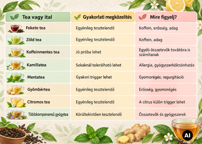 Tea reflux esetén: fekete, zöld, koffeinmentes és gyógynövényteák összehasonlítása