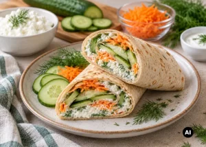 Kapros cottage cheese-es uborkás reggeli wrap tálalva