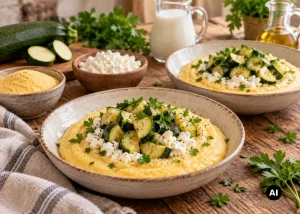 Lágy polenta cottage cheese-zel és párolt cukkinivel tálalva