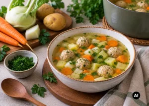 Pulykagombócos zöldségleves tálalva