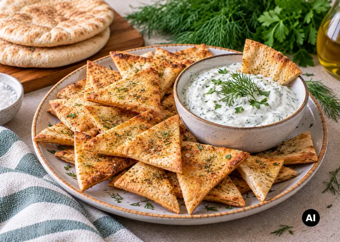 Ropogós házi pita chips kapros joghurtmártással tálalva