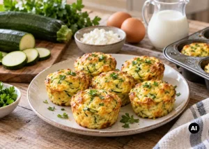 Sütőben sült cukkinis-tojásos reggeli muffin tálalva