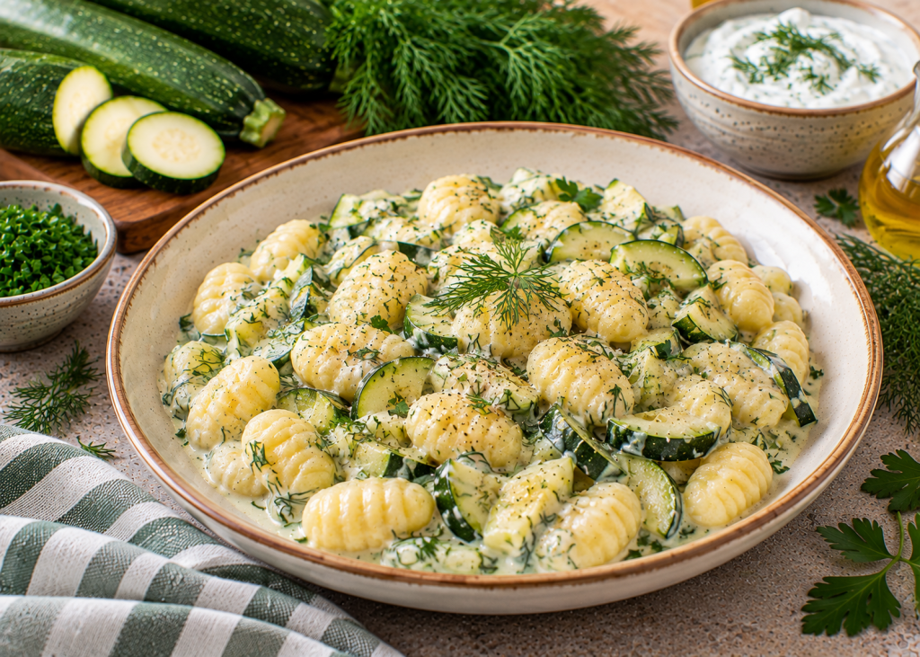 Kapros-cukkinis gnocchi joghurtos mártással