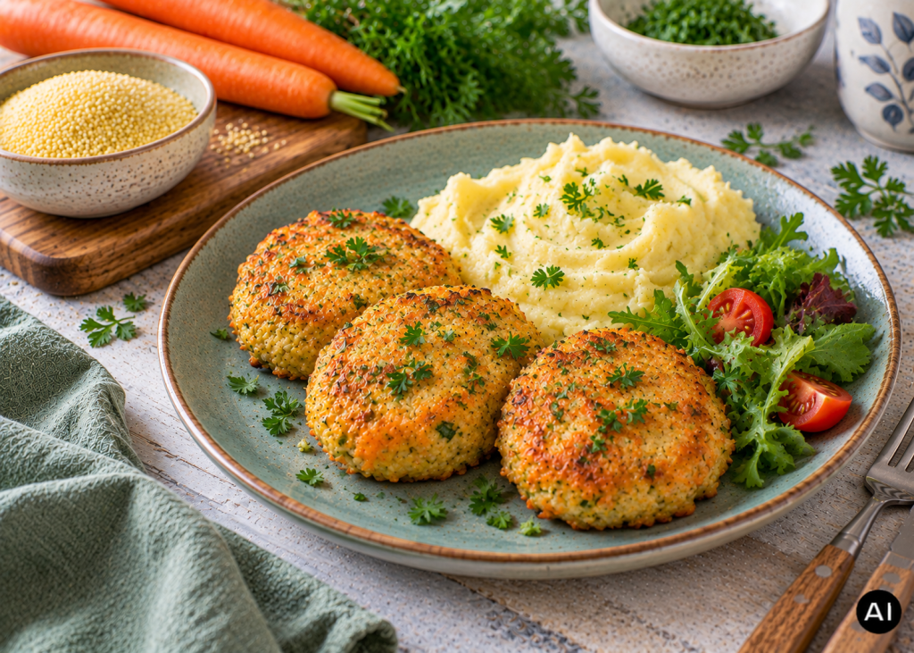 Köleses-sárgarépás zöldségfasírt burgonyapürével