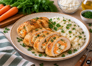 Sárgarépás-cottage cheese-es csirkemelltekercs rizzsel