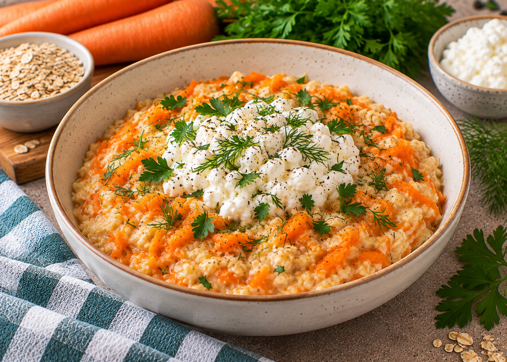 Sós zabkása cottage cheese-zel és párolt sárgarépával